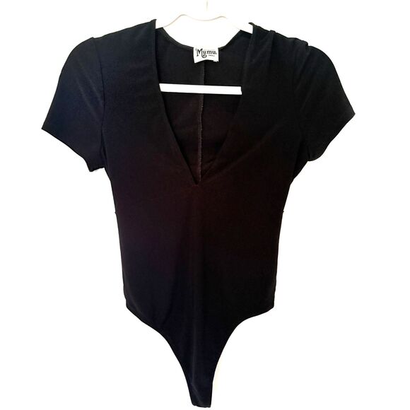 Show Me Your Mumu Black V Neck Short Sleeve Stretch Fitted Bodysuit Top Sz S - Picture 1 of 10